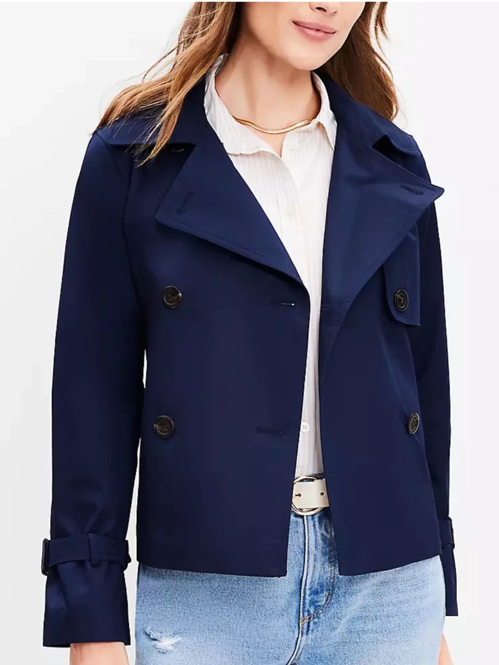 Loft Swing Double Breasted Cropped Short Trench Jacket in Navy Petite XXSP EUC